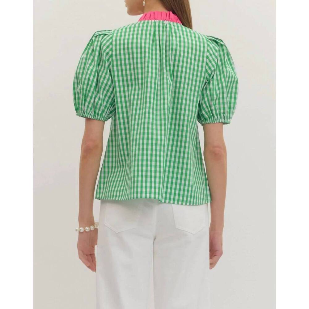 NEW ENTRO glinda gingham blouse in bright green - Picture 4 of 7